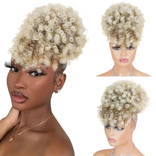 Miniatura 15 de Cola de caballo con cordón para mujeres negras Afro Puff Cola de caballo con cordón con flequillo Cola de caballo corta crespa y rizada Moño cola