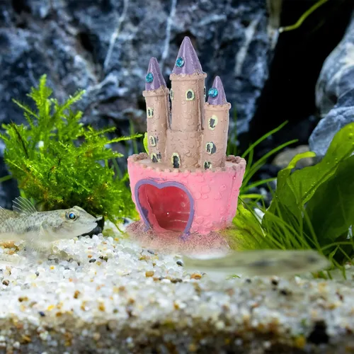 Miniatura 6 de Mipcase Decoración de acuario de castillo de dibujos animados con cueva de peces oculta, adorno para pecera pequeña para agua dulce y salada