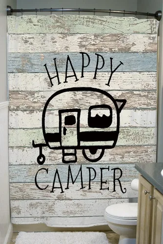 JAWO Happy Campers - Cortina de ducha retro de madera rústica, color neutro para viajes, remolque, camping, tema motor, caravana, baño, cortina de