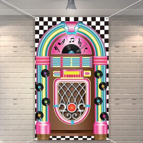 Boao Jukebox - Pancarta recortada para decoración de los años 50, pancarta de rock and roll, telón de fondo retro para cumpleaños, decoración de