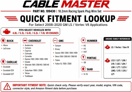 Cables de bujía de carreras de 0.402 in para Escalade Avalanche Camaro Colorado Corvette Express Impala Silverado Suburban Tahoe Canyon Savana