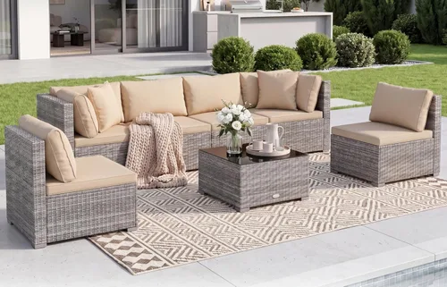 Miniatura 11 de Tangkula Juego de muebles de mimbre de patio de 7 piezas, juego de sofá modular de ratán para 6 personas con cojines de asiento y respaldo, 2 Azul