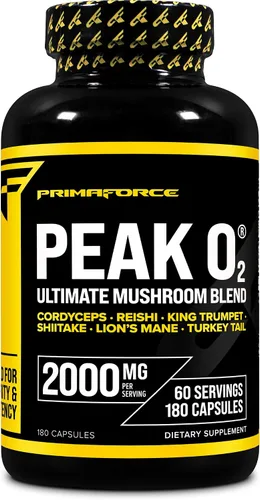 Primaforce Peak O2 Performance - Refuerzo de absorción de oxígeno alimentado por hongos (180 cápsulas) (2,000 mg por porción, 60 porciones) -