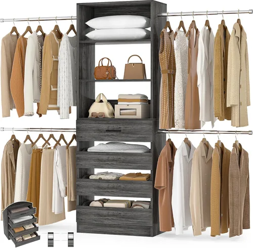Miniatura 9 de Aheaplus - Sistema de armario, 4 a 9 pies, organizador de armario con 4 cajones de madera, sistema de organizador de armario de madera con torre