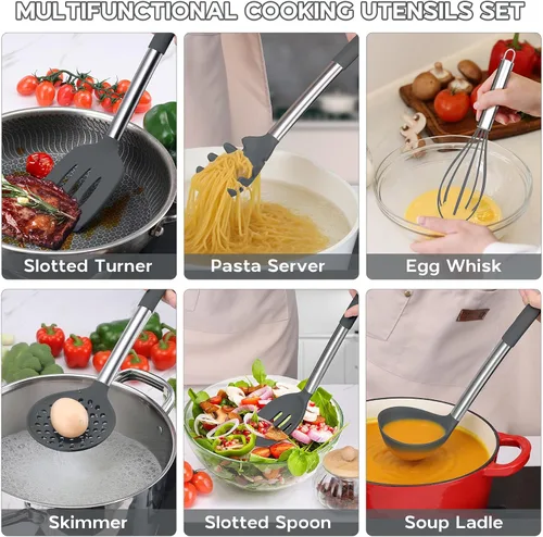 Miniatura 6 de Onader Juego de Utensilios de Cocina de 15, Utensilios de Silicona y Acero Inoxidable Juego de Espátulas con Soporte, Resistente al Calor y Apto Gris