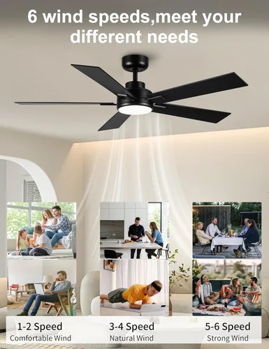 Miniatura 5 de Ventiladores de techo modernos con luces, ventilador de techo negro de 52 pulgadas para exteriores con luz y control remoto, motor CC reversible, 6
