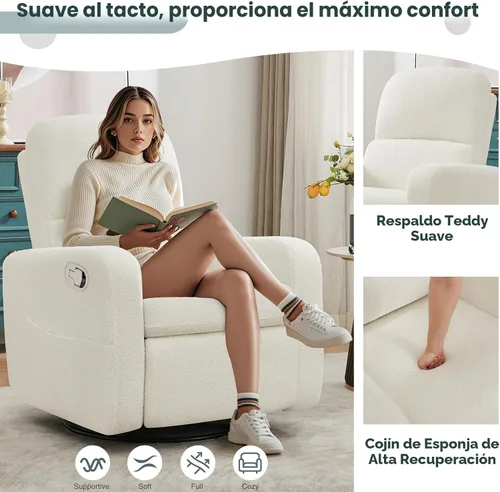 Miniatura 6 de Sillón Mecedor Reclinable Giratorio, Sillón Glider Reclinable de Boucle Extra Grande para Guardería, Sillas Reclinables con Balanceo Manual y Apoyo