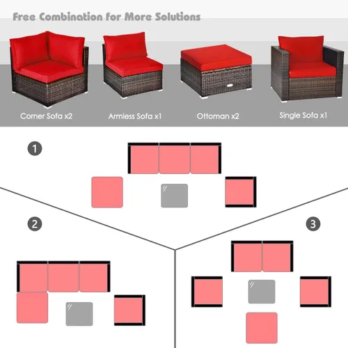 Miniatura 6 de HAPPYGRILL Juego de muebles de mimbre de ratán para exteriores, juego de sofá modular de mimbre con cojines suaves, mesa de café, otomana para patio