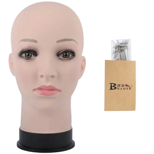 BHD BEAUTY Cabeza de maniquí calva beige femenino profesional cosmetología para hacer pelucas, pelucas de exhibición, gafas, pelos con pasadores en