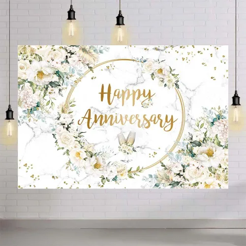 Miniatura 4 de MEHOFOND Telón de fondo de feliz aniversario de 7 x 5 pies con diseño floral blanco para fotografía de aniversario de boda, fondo geométrico