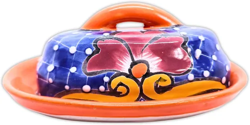 Miniatura 12 de Cuenco para Mantequilla de Cerámica Talavera con Tapa Pintada a Mano, Auténtica Cerámica Mexicana de Cocina, Diseño Floral (Rojo)
