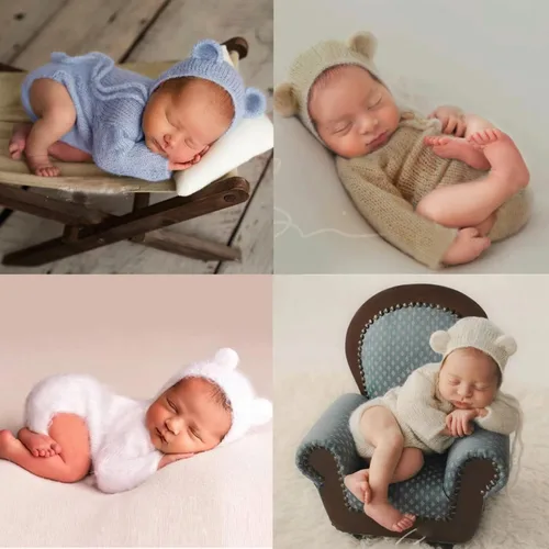 Miniatura 5 de 2 piezas de accesorios de fotografía para recién nacidos, trajes de fotos para niños, sesiones de fotos de bebé, disfraz de niña con sombrero de oso