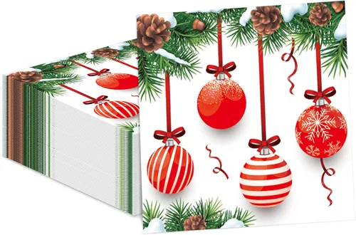 50 piezas de servilletas de Navidad para invitados, paquete de 3 capas, servilletas desechables de papel para fiestas, bolas de Navidad, servilletas