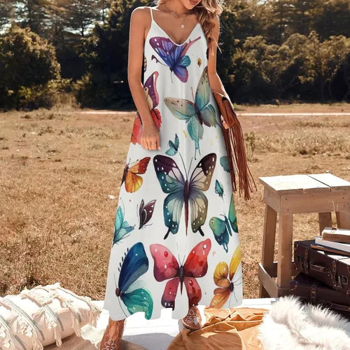 Miniatura 2 de Vestido largo de playa con estampado de mariposas coloridas para mujer, estampado floral, bohemio, vestido de playa