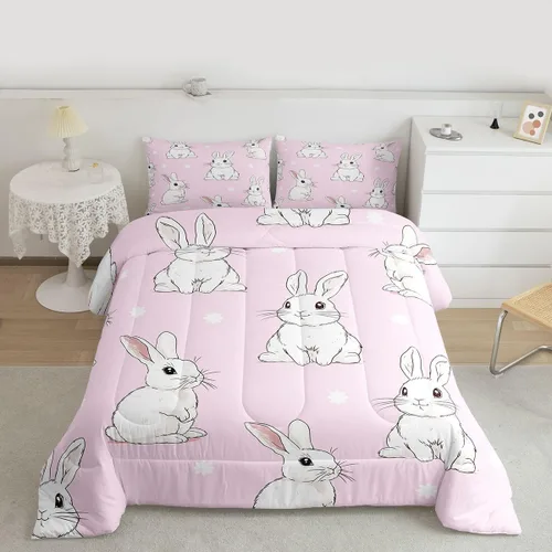Miniatura 15 de Feelyou Juego de ropa de cama de conejo para niños, tamaño individual, juego de edredón de conejo para niñas y mujeres, edredón de plumón verde