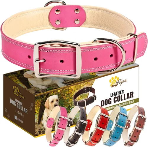Miniatura 8 de ADITYNA Collar de perro de cuero rosa resistente para perros grandes, forrado con cuero suave, collar de perro para caminar, entrenar y senderismo