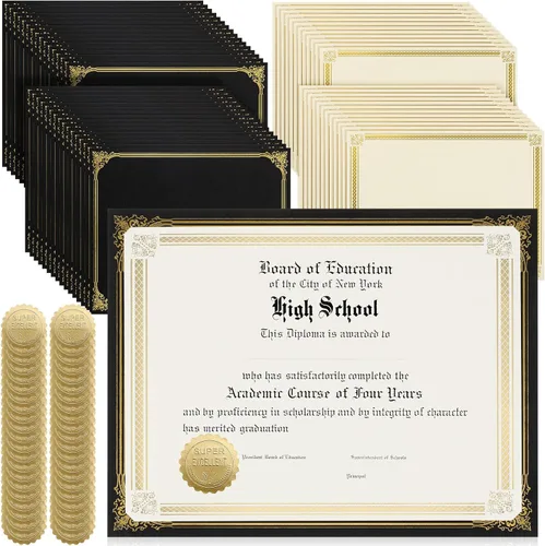 Kosiz Juego de 300 soportes para certificados de lino, 100 papeles de certificado de lámina dorada, 100 soportes de diploma de lino de una sola cara