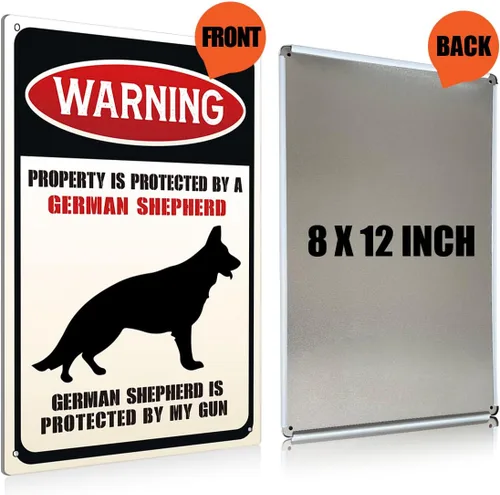 Miniatura 2 de BEASTZHENG Divertidos letreros de metal de advertencia de perro para decoración de pared, decoración de la propiedad está protegida por un pastor
