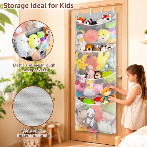 Miniatura 4 de Woodoulogy Almacenamiento de Animales de Peluche Colgantes, Organizador Grande de Juguetes de Felpa Sobre la Puerta con Gancho de Metal, Idea de Gris