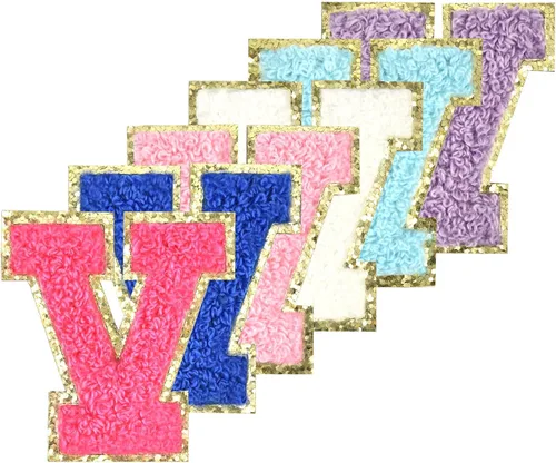 Miniatura 28 de 6 piezas de parches de letras de chenilla autoadhesivas con purpurina para planchar, parches de letras universitarias estilo preppy, letras difusas