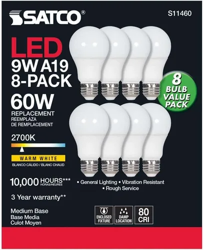 Miniatura 3 de Satco S11460 - Paquete económico de 8 bombillas LED A19 de 9 W, reemplazo de 60 W, blanco, 9 vatios