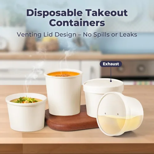 Miniatura 4 de Fit Meal Prep Paquete de 50 recipientes de sopa de papel blanco de 12 onzas con tapas, recipientes de alimentos desechables calientes o fríos
