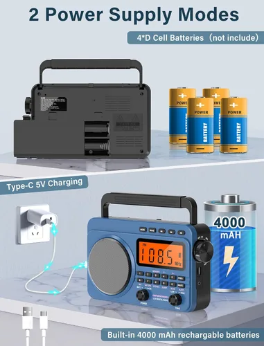Miniatura 4 de Radio digital AM FM de onda corta con la mejor recepción, radio portátil recargable de 4000 mAh con alerta meteorológica NOAA, altavoz grande