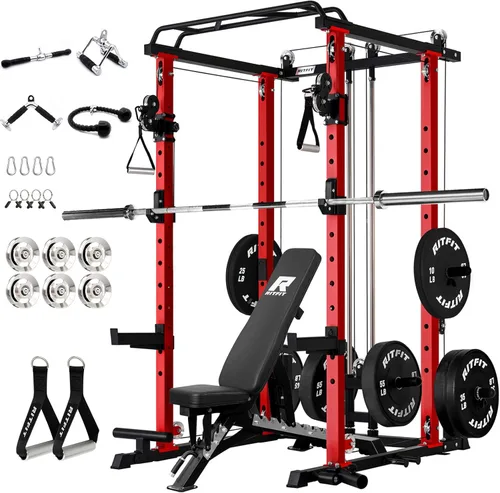 Miniatura 11 de RitFit El paquete multifunción de garaje y gimnasio en casa incluye jaula de potencia de 1200 libras PPC03/P3 con sistema de cruce de cables, banco