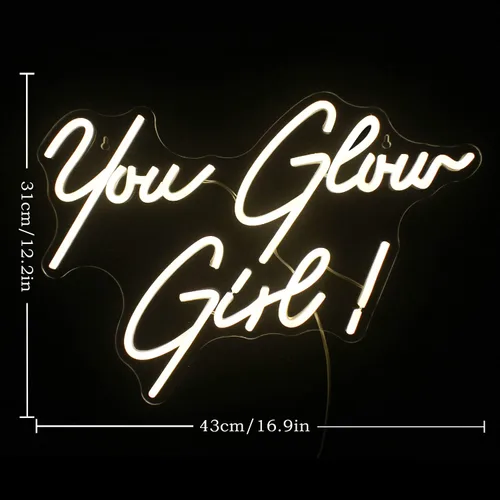Miniatura 2 de Letrero de neón con texto en inglés "You Glow Girl" con luz LED blanca cálida para decoración de pared, letras USB, luces de neón para dormitorio