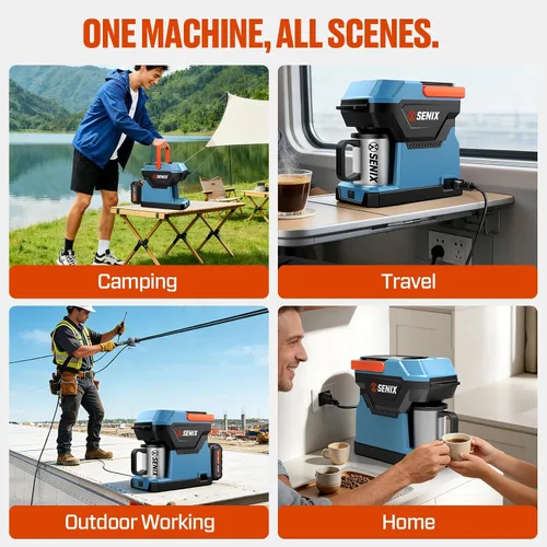 Miniatura 9 de SENIX Cafetera portátil con batería de 5000 mAh, cafetera eléctrica de doble CA/CC para automóvil/RV/camping, cafetera de viaje inalámbrica al aire