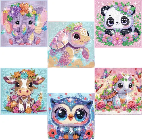 Acelii Paquete de 6 kits de pintura de diamantes de dibujos animados 5D para niños principiantes, lindos animales, kit de arte de diamantes para