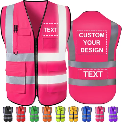 Miniatura 13 de Chaleco de seguridad personalizado Chalecos reflectantes de alta visibilidad con bolsillos con cremallera, logotipo personalizado clase 2 para Azul