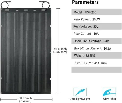 Miniatura 2 de Greenmagic Panel solar flexible de 200 W, 20 V, ultra delgado, ultra ligero, cargador fuera de la red para casas rodantes marinas cabina, furgoneta