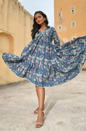 Miniatura 6 de Janasya Vestido indio de algodón verde azulado con estampado floral para mujer