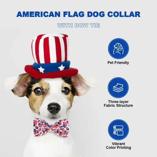 Miniatura 2 de Tunkoo Collar de perro con bandera estadounidense con pajarita con corazón súper lindo, ajustable y elegante collar para mascotas con hebilla