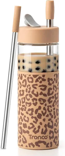 Miniatura 14 de Tronco Vaso de vidrio de 24 onzas con tapa y popote, taza de café helado, taza de batido con tapa de silicona para té Boba, hogar, oficina, viajes