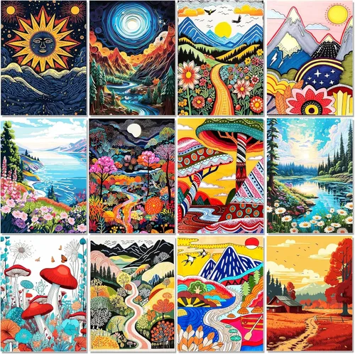 BWFY Juego de 12 Kits de Arte de Diamantes para Adultos, Kit de Pintura de Diamantes 5D para Principiantes, Kit de Arte de Gemas de Paisaje DIY