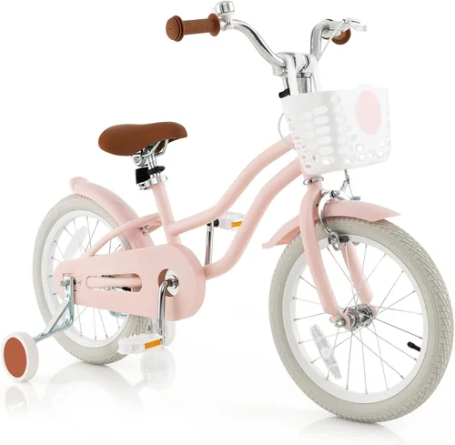 Miniatura 30 de COSTWAY Bicicleta para niños de 12, 14, 16, 18 pulgadas, bicicleta para niños con ruedas de entrenamiento, frenos de mano y posavasos, sillín