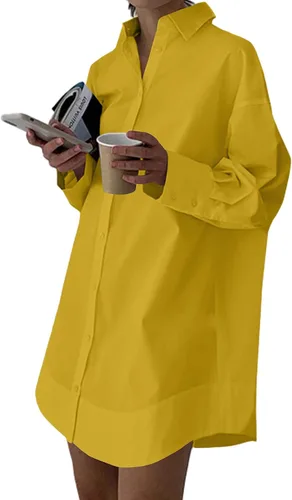 LYANER - Vestido tipo camisa de estilo informal para mujer, con cuello en V, botones frontales y manga larga, corte holgado y corto