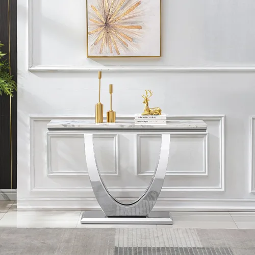 Miniatura 12 de Mesa consola moderna de cristal, mesa de sofá dorada de 55 pulgadas con marco de metal resistente y parte superior de vidrio templado negro