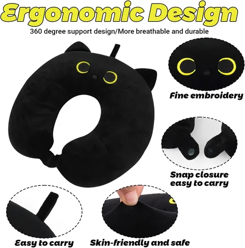Miniatura 2 de Almohada cervical de viaje para niños y adultos, linda almohada de viaje para niños con gato negro, almohada de cuello de dibujos animados
