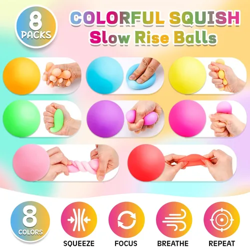 Miniatura 4 de Paquete de 8 pelotas antiestrés de aumento lento, bolas antiestrés para niños y adultos, juguetes elásticos para aliviar la ansiedad, terapia