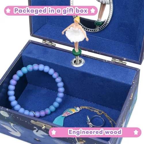 Miniatura 4 de Jewelkeeper Caja de almacenamiento de joyería musical para niña con bailarina giratoria, diseño de purpurina, tono de lago de cisne