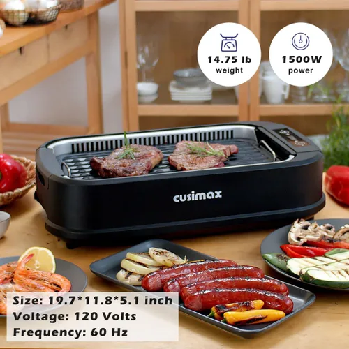 Miniatura 7 de CUSIMAX - Parrilla eléctrica sin humo para interiores, parrilla eléctrica coreana portátil de 1500 W con pantalla inteligente LED y tapa de vidrio