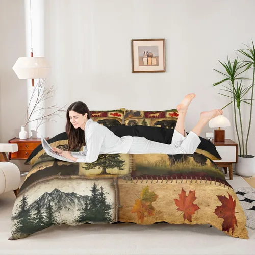 Miniatura 4 de Funda de edredón rústica tamaño Queen, juego de ropa de cama retro para cabaña de cabaña, oso de caza, ciervo, hojas de arce, funda de edredón
