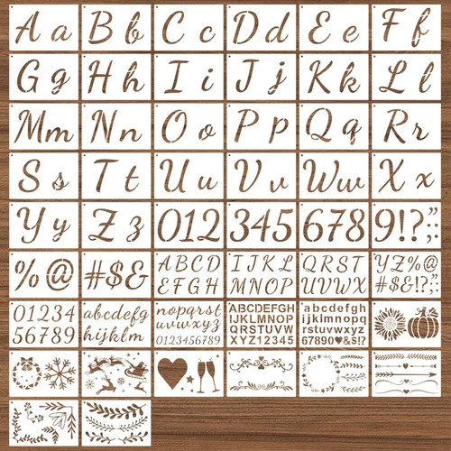 BAMIDELE Plantillas de letras para pintar sobre madera, 50 plantillas de caligrafía del alfabeto para dibujo con números, signos, flores, plantillas