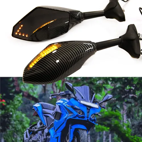 Miniatura 2 de Espejos Retrovisores con Indicadores LED de Señal de Giro para Motocicleta, para Motos de Carreras y Motos Deportivas (Carbono+Lente Ahumado)