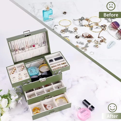 Miniatura 2 de Dajasan Caja organizadora de joyas para mujeres y niñas, organizador de joyas, caja de joyería de cuero de 4 capas, idea de regalo para el día