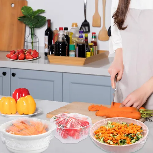 Miniatura 5 de DYM - 90 fundas elásticas reutilizables para tazones, cubiertas elásticas de plástico PE elástico para almacenamiento de alimentos, cubiertas