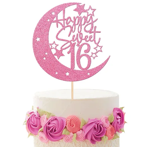 Miniatura 10 de 1 pieza de decoración de pastel de 16 años con purpurina de luna y estrella de luna feliz 16 cumpleaños, decoración para tartas de cumpleaños de 16